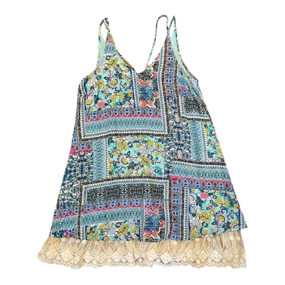 UMGEE, NWOT, BOHO STYLE SUNDRESS WITH LACE UNDERLAY. AQUA PATCHWORK. SIZE S